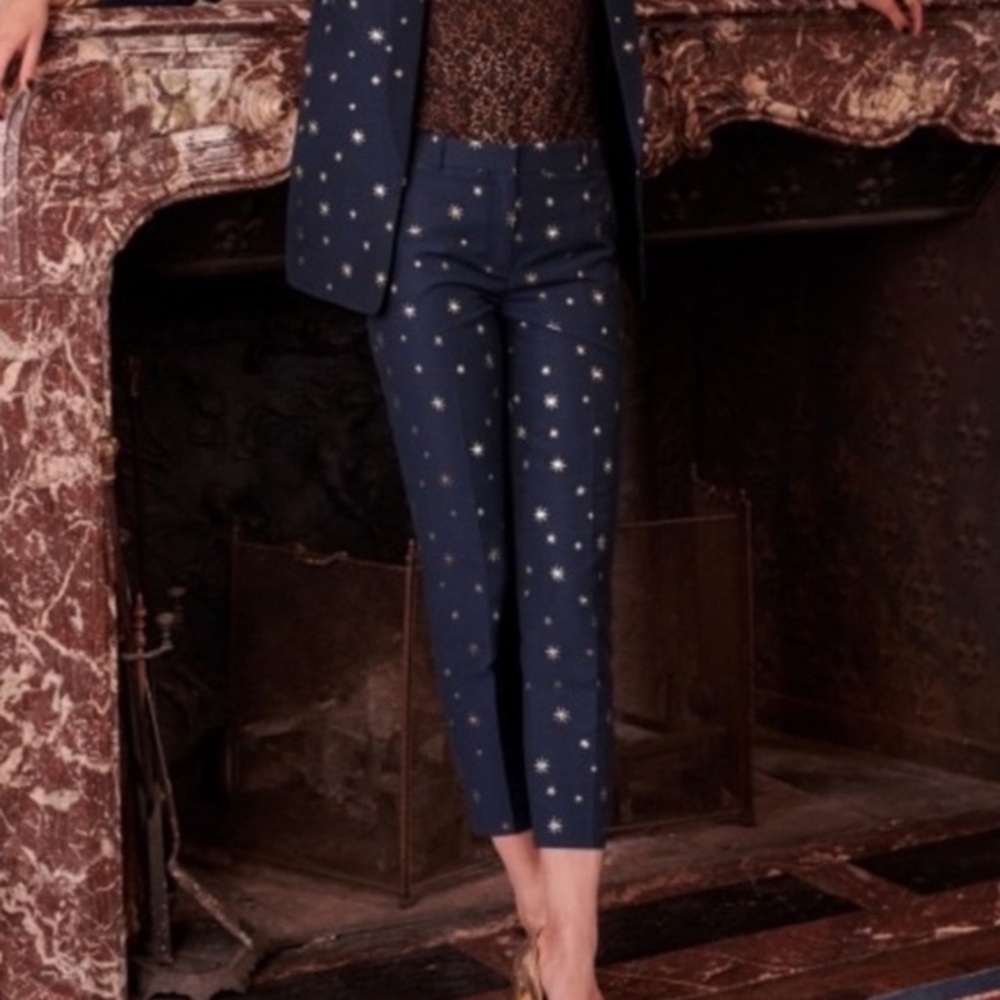 Sezane Gustav navy cropped pants with gold stars 4 NWT